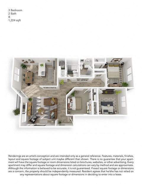 Floor plan for 3 beds, 2 baths, 1224 sqft